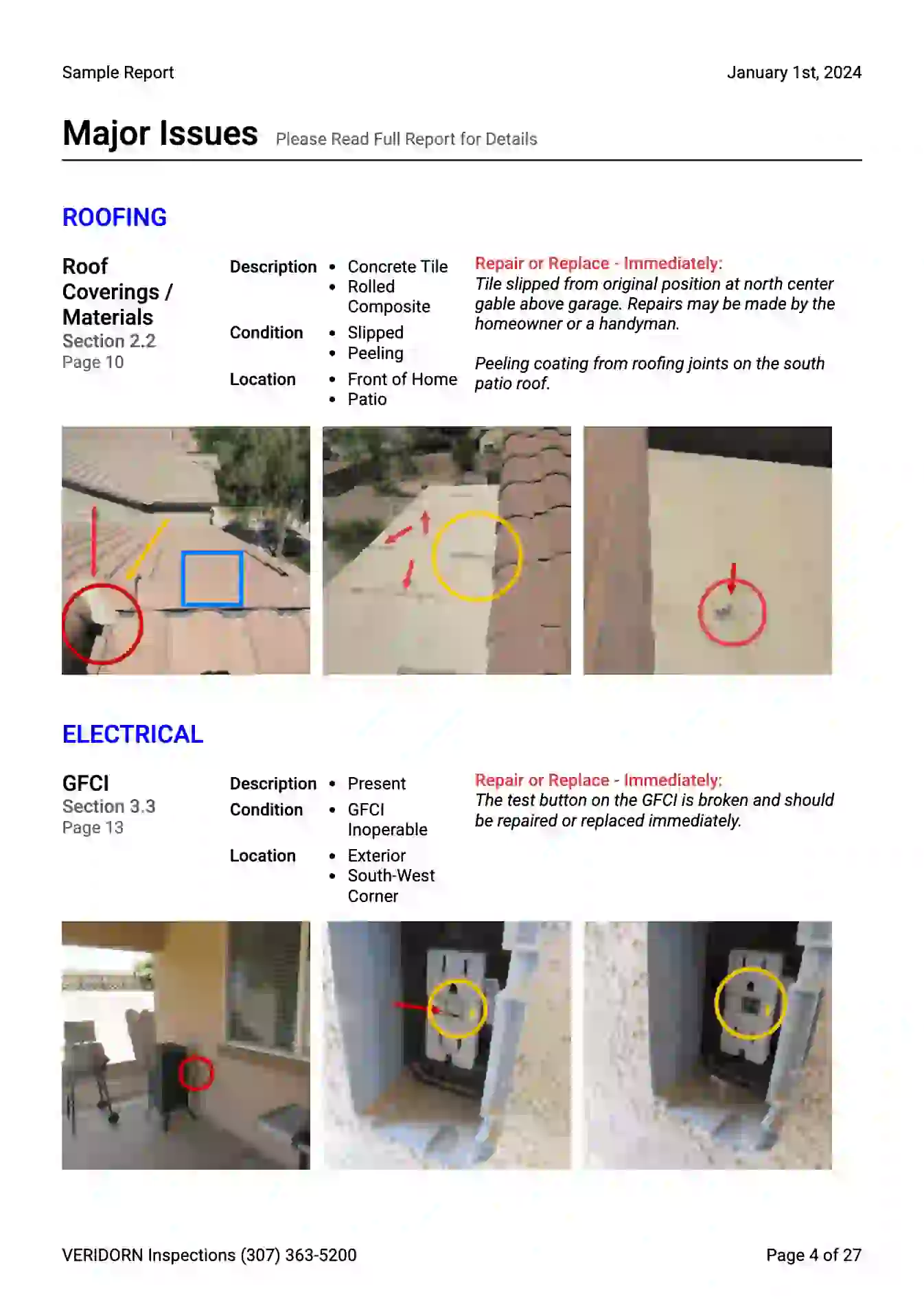 Report page showing exterior major issues summary
